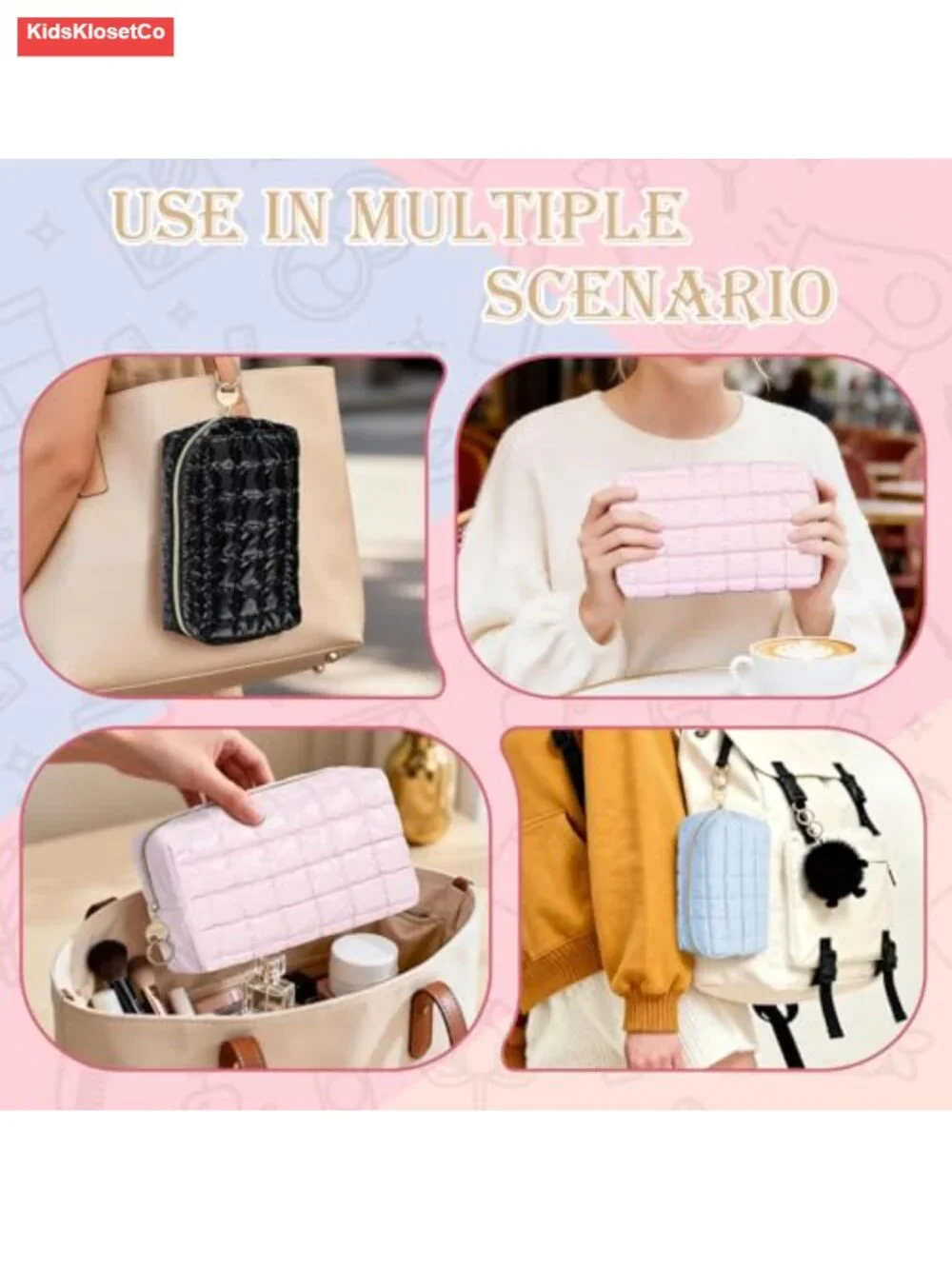 Quilted PU Cosmetic Bag Pouch Travel Toiletry Organizer Small Makeup Purse